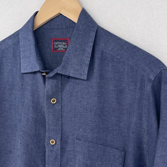 UNTUCKIT Shirt Mens M Cameron WR Linen Chambray Slim Fit Wrinkle Resistant Blue - Picture 4 of 13